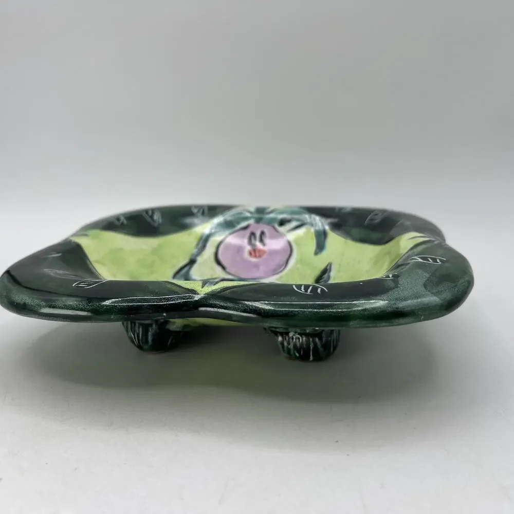 Posey Bacopoulos Pottery Majolica Square Bowl Candy Console Dish Green Pink 7